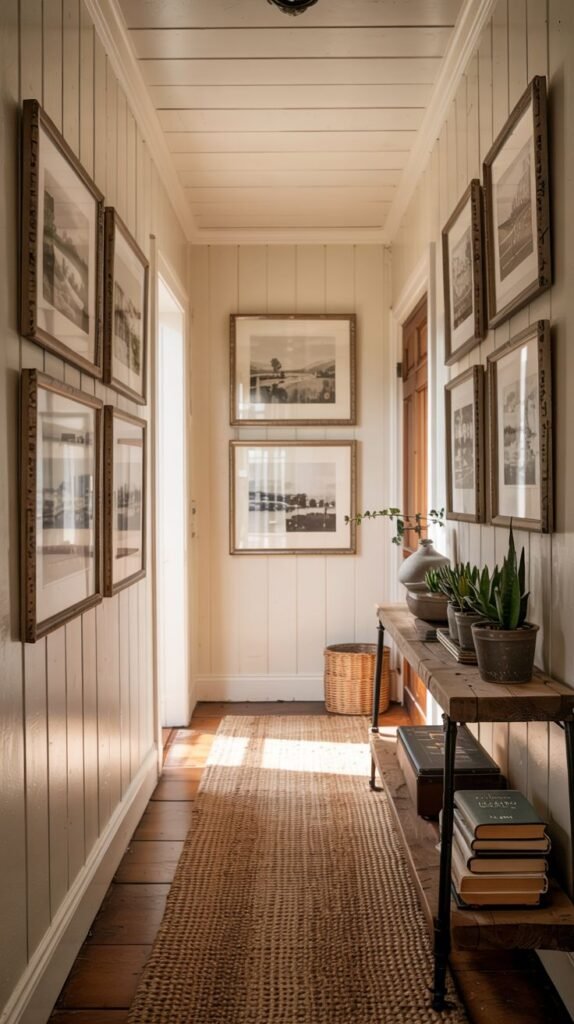A narrow hallway with white vertical plank walls showcasing a symmetrical arrangement of framed landscape prints in natural wood frames.