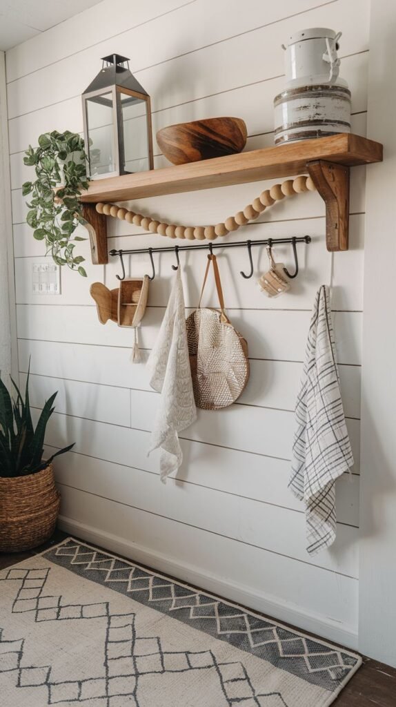 Utility shelf made of wood with black hooks installed below, resting on a white shiplap wall, featuring a decorative wooden bead garland hanging beneath the shelf.