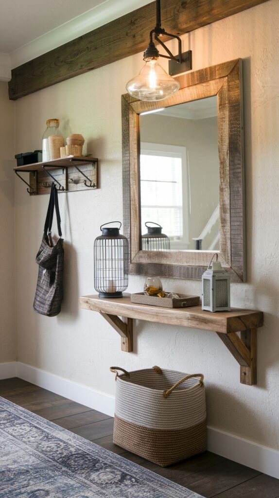 Entryway area with a large vertical mirror framed in reclaimed wood above a matching console shelf, positioned next to a separate smaller wood shelf unit with black hooks.
