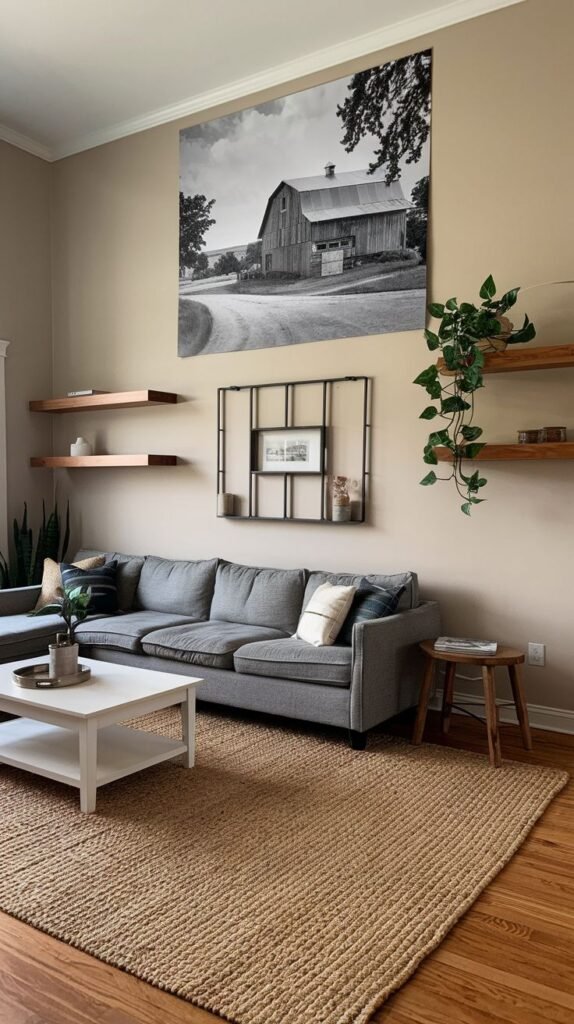 High-ceiling living room displaying an oversized black and white photograph of a barn, with floating wood shelves positioned on the surrounding walls.