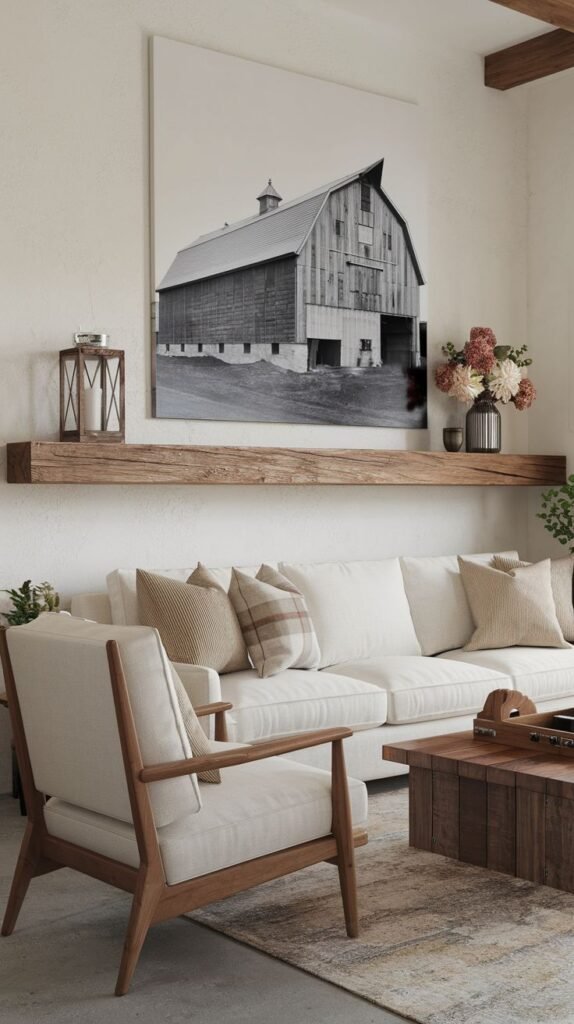 Interior view of a white living area featuring a thick, distressed wooden floating shelf beneath a large black and white canvas print of a barn.