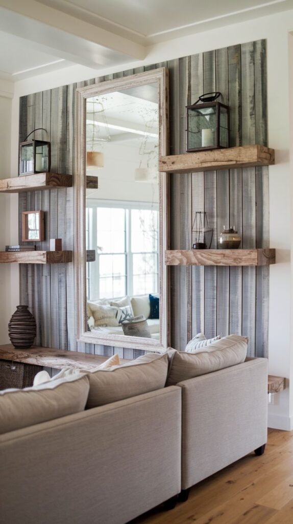 A tall, rustic-framed mirror placed against vertical gray plank paneling, flanked symmetrically by sets of thick floating wood shelves.