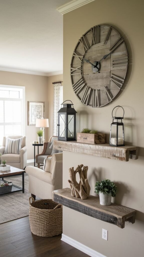 Close-up of a large wooden Roman numeral clock hanging above two chunky, rustic floating shelves displaying black metal lanterns.