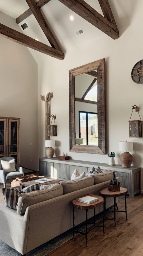 A high-ceiling room featuring exposed beams, with a massive, tall mirror framed in thick reclaimed wood centered above a low console table.