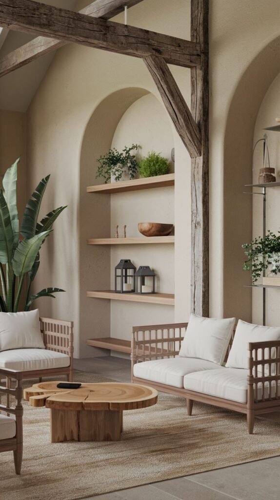 Architectural view of light-colored arched alcoves containing minimalist floating wood shelves styled with plants, a wood bowl, and black lanterns.