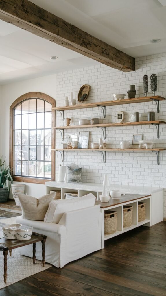 A wall with white brick texture supporting three long wooden floating shelves held up by dark metal brackets, displaying numerous pieces of white and gray pottery.