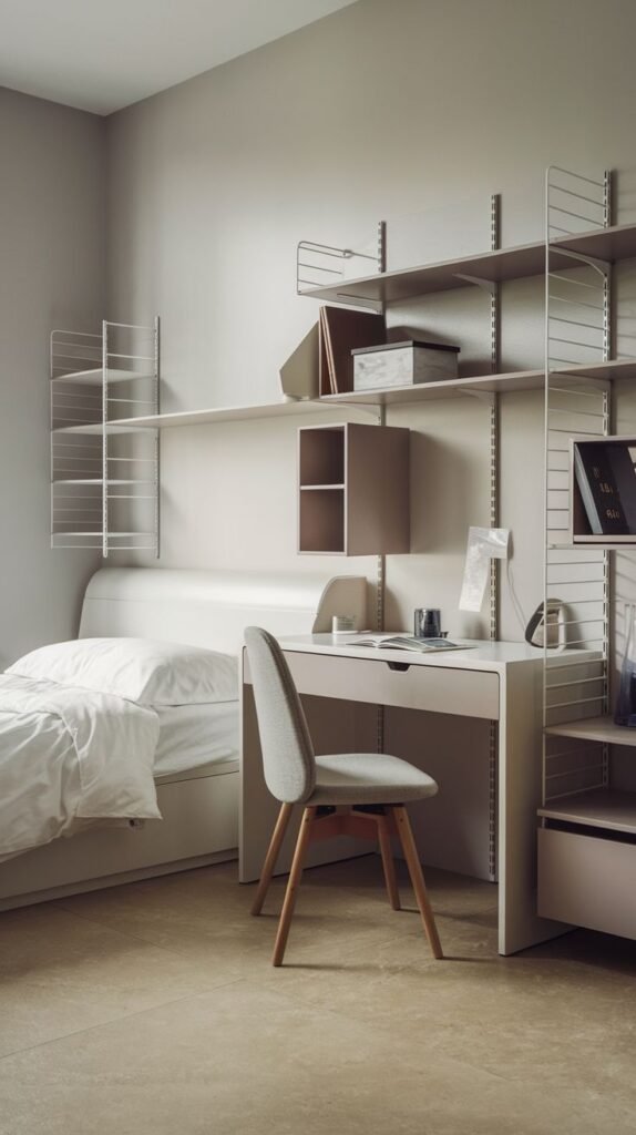 Modern Small Bedroom features a neutral palette with an integrated light-colored desk and extensive modular wire shelving spanning the wall above the bed and workspace.