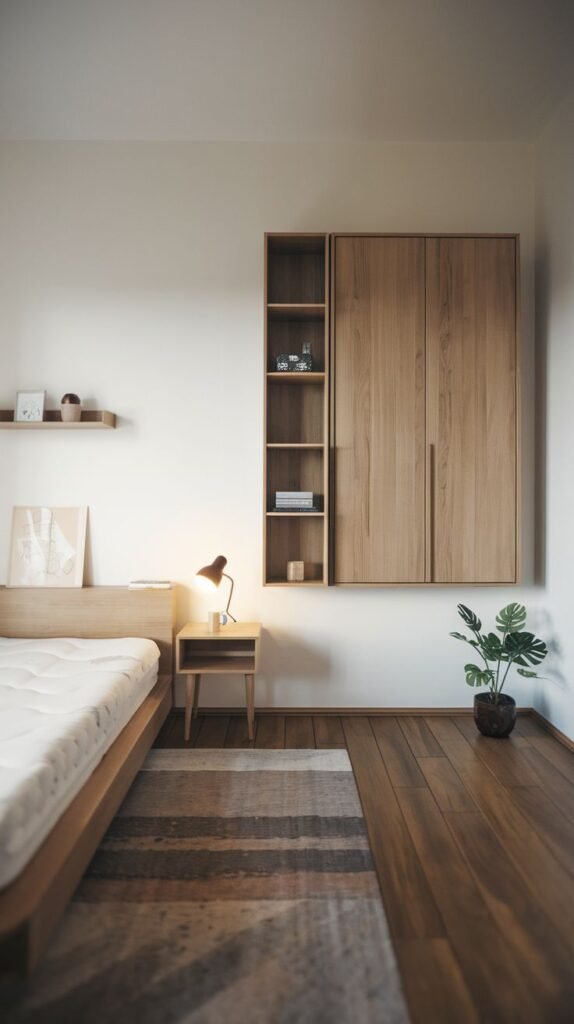 Modern Small Bedroom featuring light wood flooring and a low platform bed, with custom wooden floating storage cabinets and shelving mounted high on the wall.