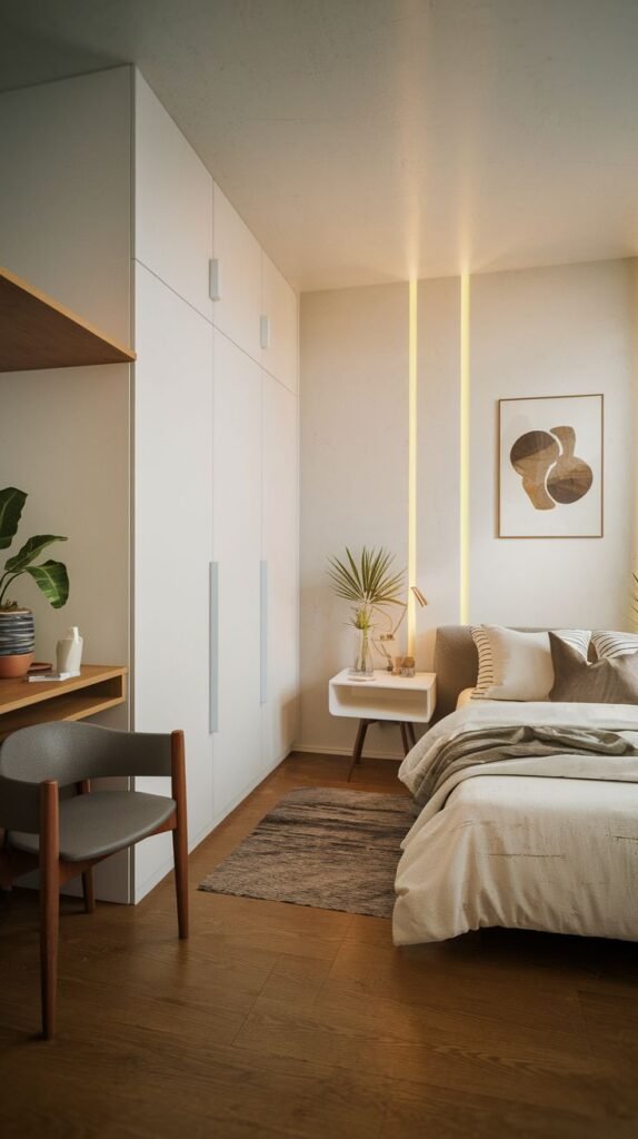 Modern Small Bedroom featuring floor-to-ceiling white wardrobe storage integrated with a desk nook, complemented by two vertical embedded light strips on the adjacent wall.