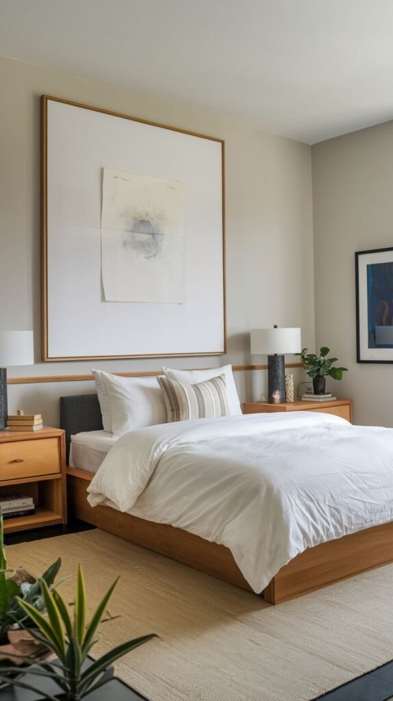 Modern Small Bedroom with a large, square, framed abstract artwork serving as a dramatic focal point above a low wooden platform bed.