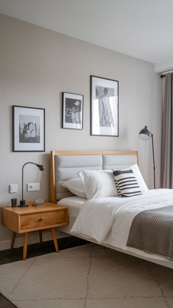 Modern Small Bedroom incorporating a mid-century style wooden bed frame with a grey upholstered headboard and a gallery wall of framed black and white photos.