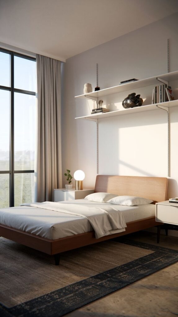 Modern Small Bedroom features a wood and white bed frame beneath two long, floating white shelves supported by metal brackets, situated opposite a large window.