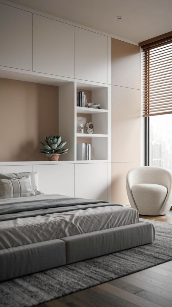 Modern Small Bedroom maximizes storage with a full wall of white built-in cabinets framing a recessed niche painted in taupe above the grey bed.