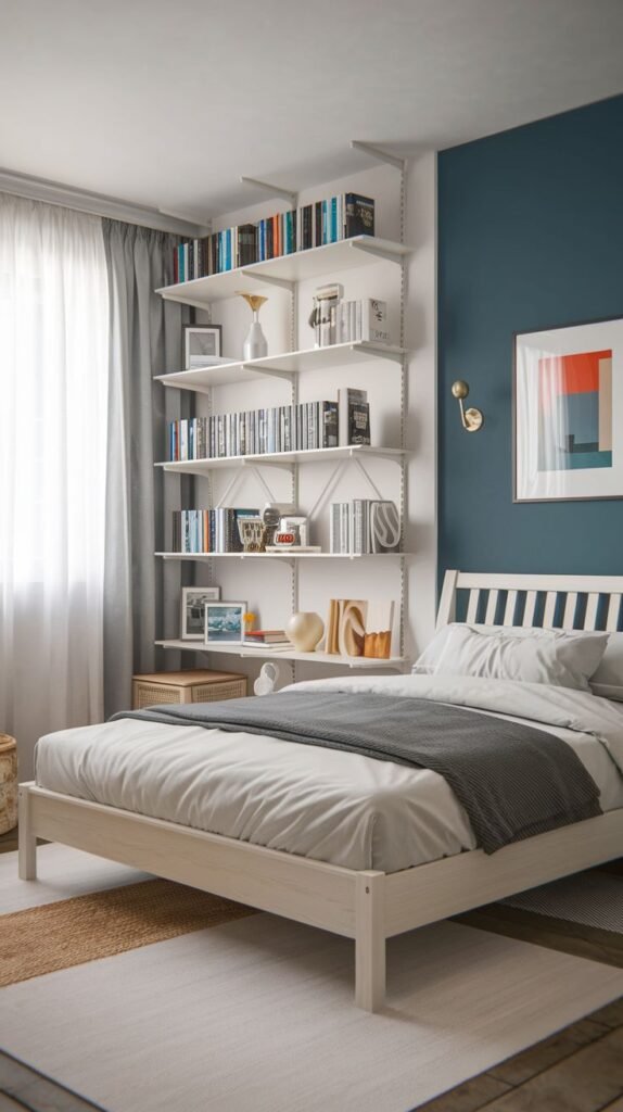 Modern Small Bedroom showcasing a white slatted bed frame against a deep blue accent wall, with vertical white modular shelving functioning as a compact library.