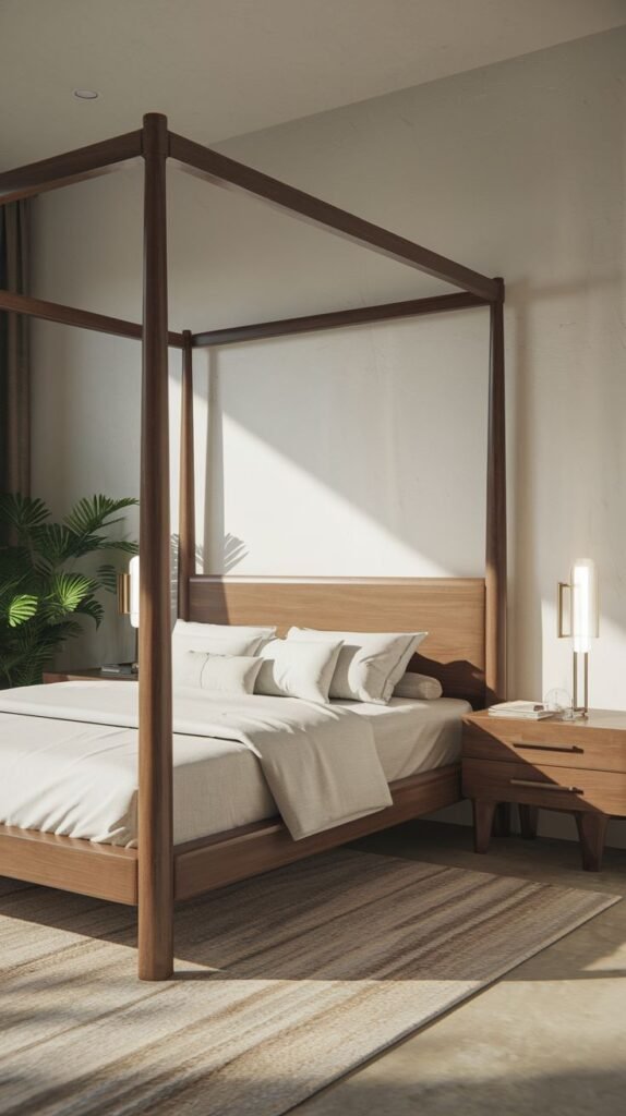 Modern Small Bedroom defined by a dark wooden four-poster bed frame, complemented by light neutral bedding and tall, slender bedside table lamps.
