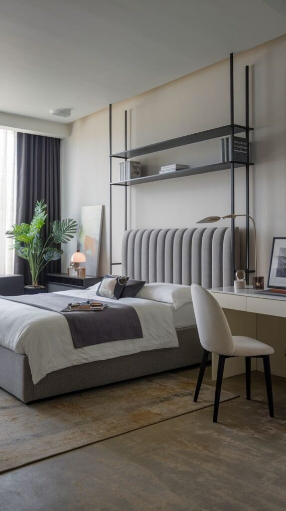 Modern Small Bedroom featuring a grey channel-tufted headboard behind a white desk area, topped by a minimalist black metal shelving framework.