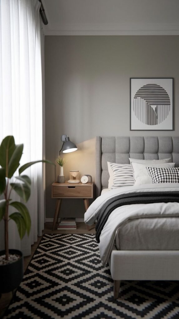 Modern Small Bedroom with a grey tufted headboard, geometric black and white area rug, and a wooden mid-century nightstand with a black wall sconce.