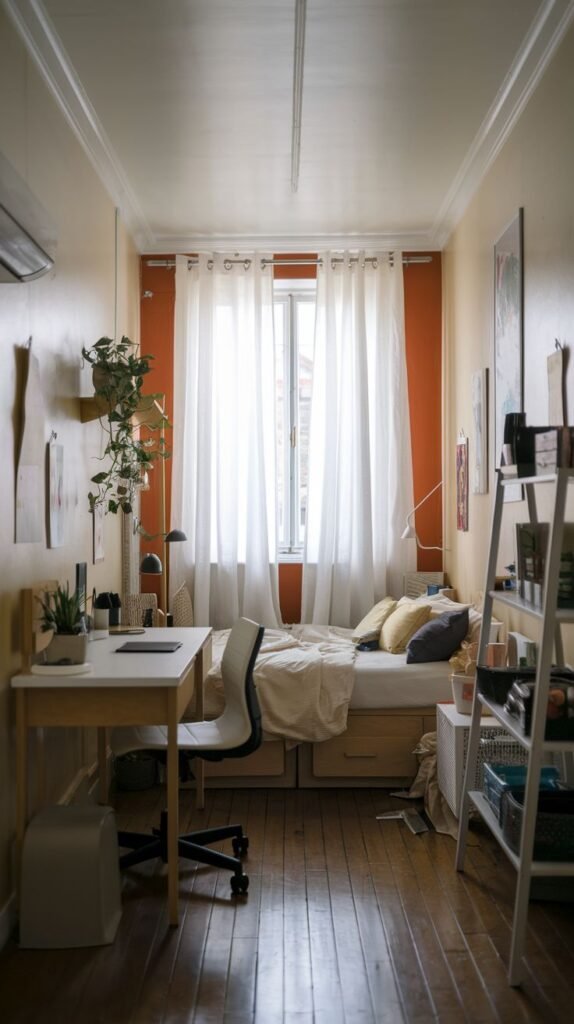 Modern Small Bedroom with orange accent walls in a narrow space, featuring a bed with under-bed storage drawers and a white ladder shelf unit.