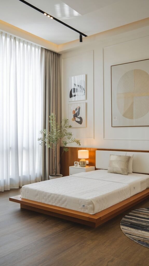 Modern Small Bedroom with low wooden platform bed, refined wall paneling, and a black linear track lighting system above, next to tall sheer curtains.