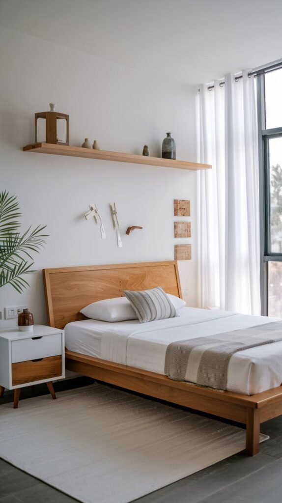 Modern Small Bedroom with a natural wood bed featuring a curved headboard, a white nightstand, and a single long floating wooden shelf above the bed.