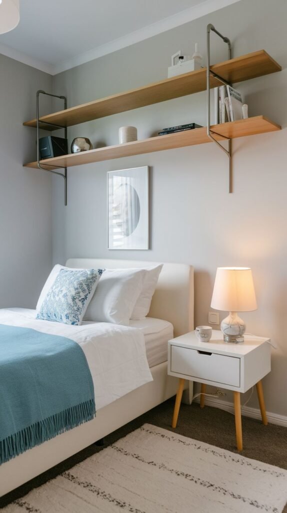 Modern Small Bedroom with a white upholstered bed and light grey walls, utilizing two long wooden shelves with industrial-style metal brackets for bedside storage.