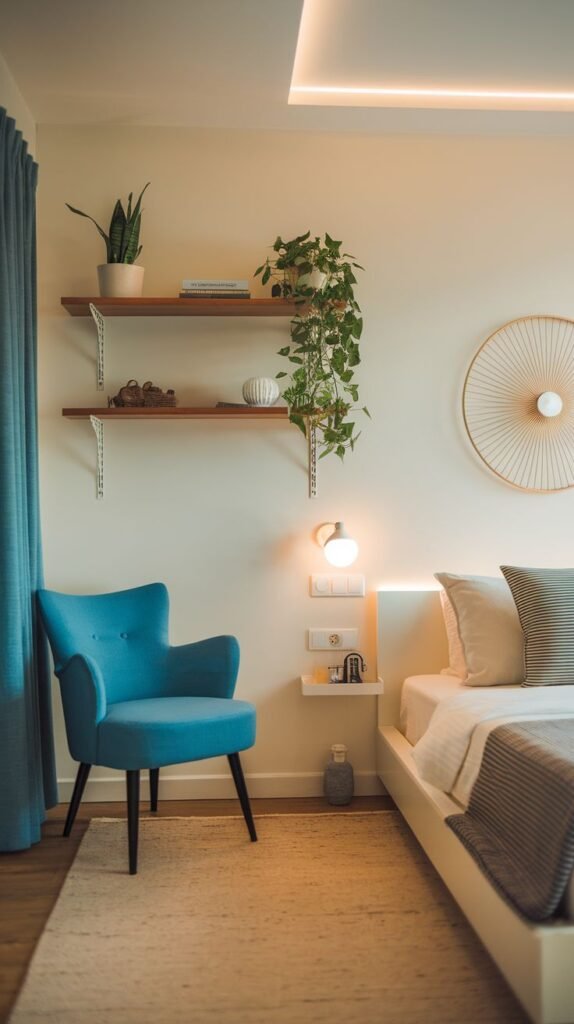 Modern Small Bedroom with a bright blue accent armchair next to a window and two rustic wooden shelves with chain supports, illuminated by an accent wall sconce.