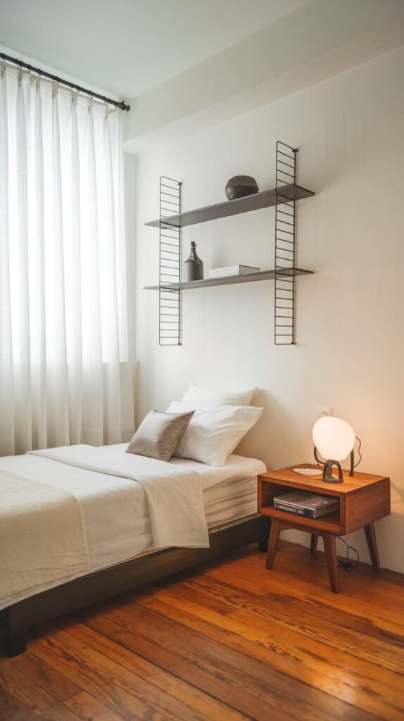 Modern Small Bedroom optimized for small space with a single bed, dark wood floor, a mid-century nightstand, and minimalist black wire wall shelves.