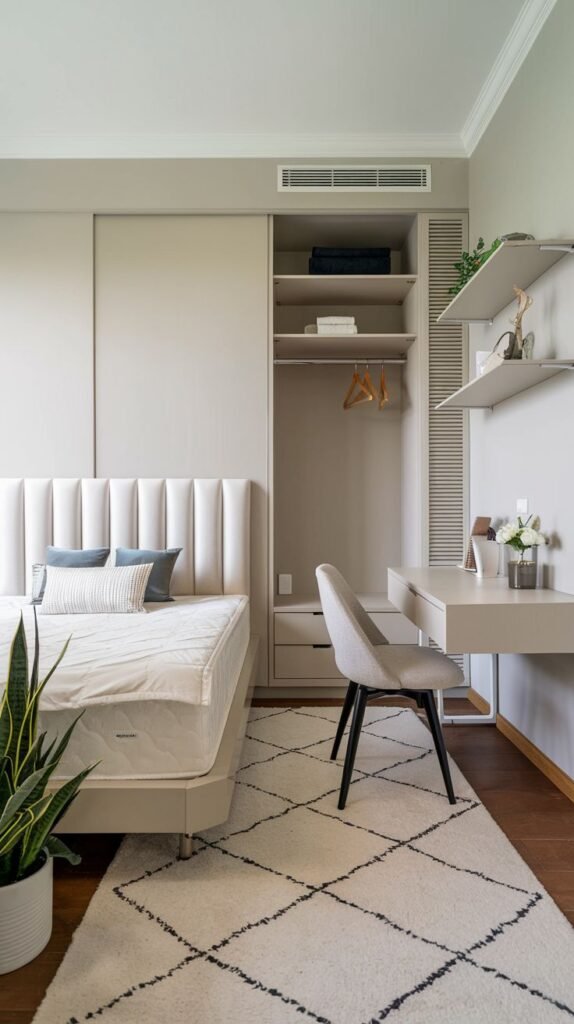 Modern Small Bedroom in neutrals featuring a channel-tufted headboard, seamless sliding door wardrobe, and a floating desk integrated into the cabinetry.