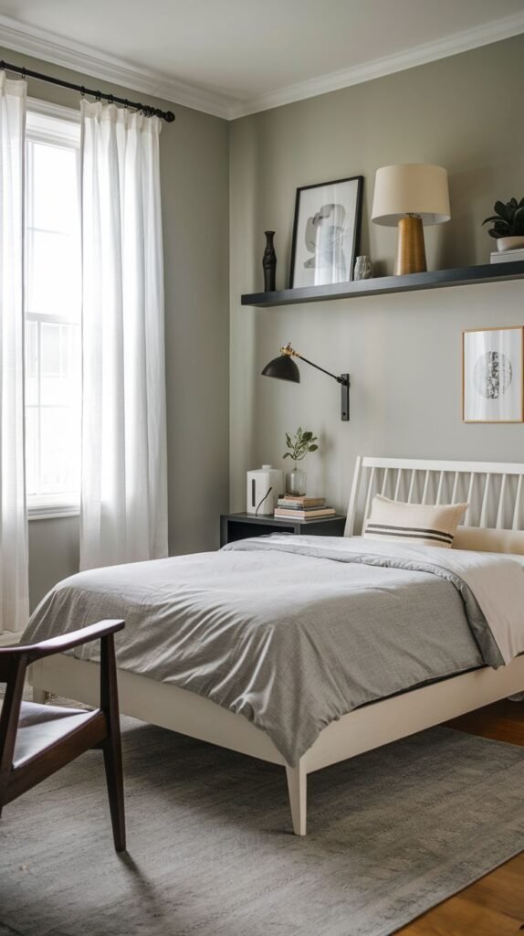 Modern Small Bedroom with a white spindle bed frame against a sage green wall, complemented by a long black floating shelf and an articulating black wall sconce.