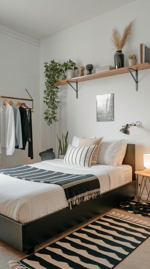 Modern Small Bedroom with white walls, featuring an open concept clothing rack and a black and white striped area rug, accented by potted plants and a wooden shelf.