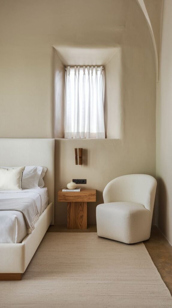 Modern Small Bedroom featuring an arched doorway and neutral plastered walls, showcasing a white upholstered bed, a chunky wood block nightstand, and a rounded white textured chair.