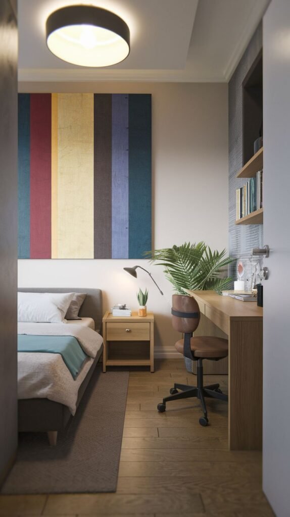 Modern Small Bedroom viewed through a doorway, dominated by a large vertical abstract artwork above the bed with red, yellow, and blue stripes, next to a wooden desk area.