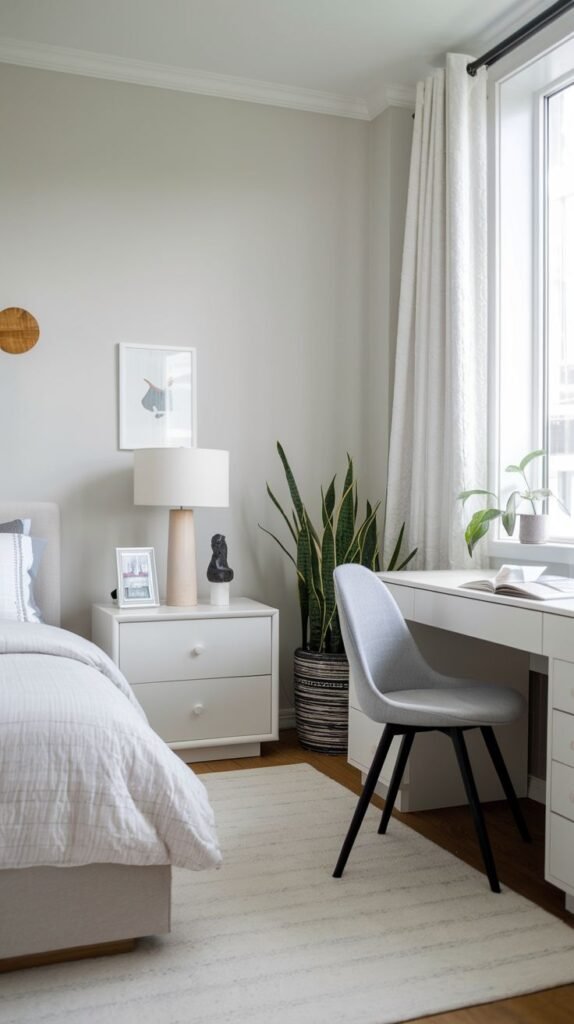 Modern Small Bedroom featuring soft grey walls and white furniture, with a white desk area placed directly beneath a large window for optimal natural light.