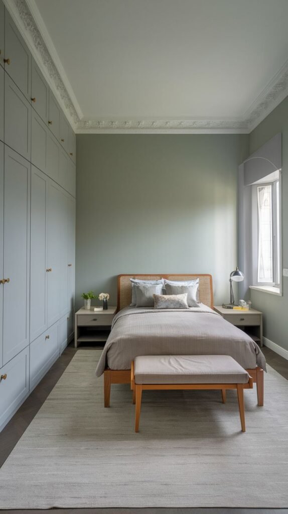Modern Small Bedroom dominated by a full wall of floor-to-ceiling custom cabinetry in pale blue-grey with brass knobs, contrasting with a sage green accent wall.