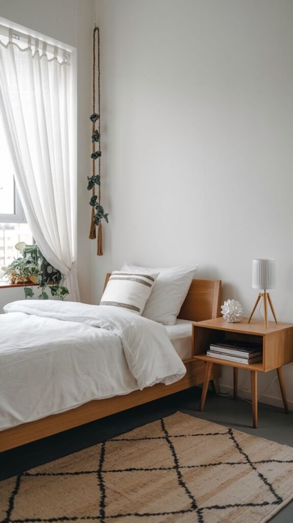 Modern Small Bedroom embodying Scandinavian style with a light wood bed and nightstand, white bedding, a natural fiber rug, and a macrame plant hanger near the window.