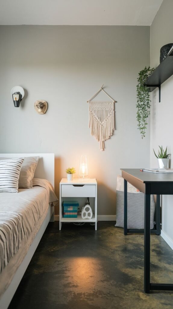 Modern Small Bedroom combining bohemian elements (macrame wall hanging) with a minimalist dark desk and a floating black shelf against light grey walls.
