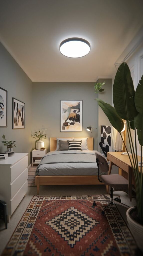 Modern Small Bedroom design in sage green with a natural wood bed frame, a patterned tribal area rug in red tones, and large potted greenery.