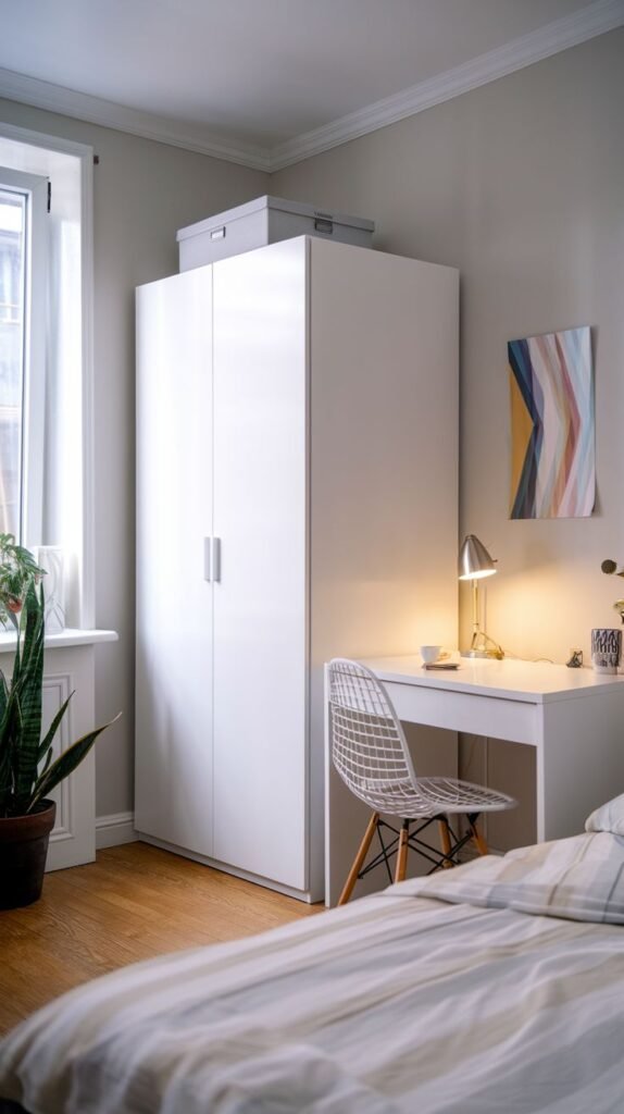 Modern Small Bedroom utilizing bright white integrated storage wardrobe and a small desk adjacent to a window, illuminated by a metallic desk lamp.