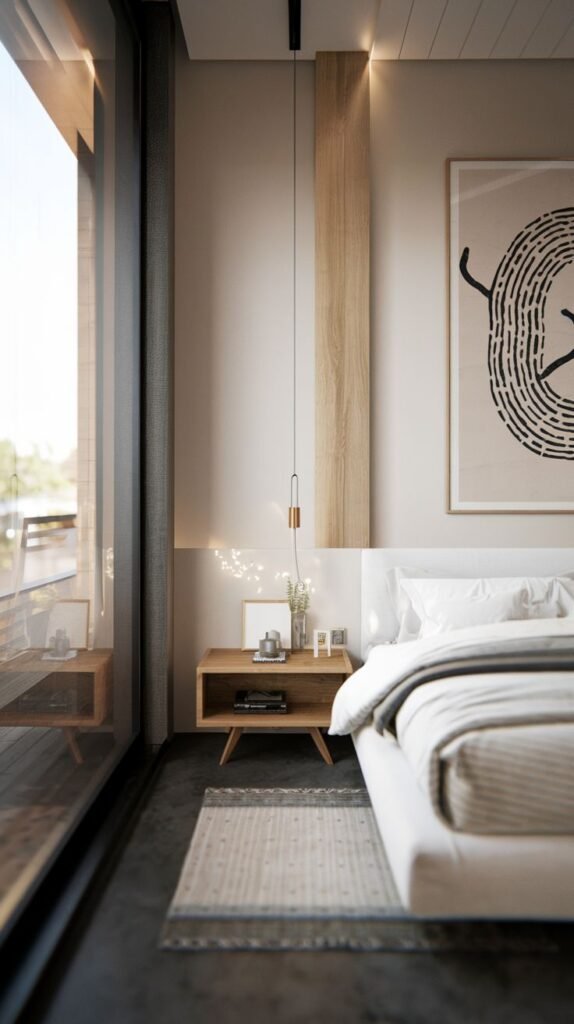 Modern Small Bedroom featuring floor-to-ceiling windows, white bedding, a low wood nightstand, and subtle vertical wood paneling behind the white upholstered headboard.
