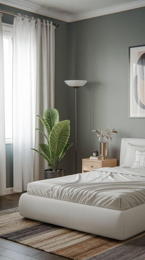 Modern Small Bedroom sanctuary with deep sage green walls, a low white platform bed, a tall potted plant, and a striped accent rug.