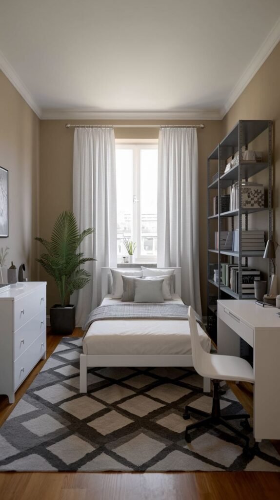 Modern Small Bedroom efficiently organized with a white bed, a large geometric grey rug, and a tall industrial grey metal shelving unit next to a white desk.