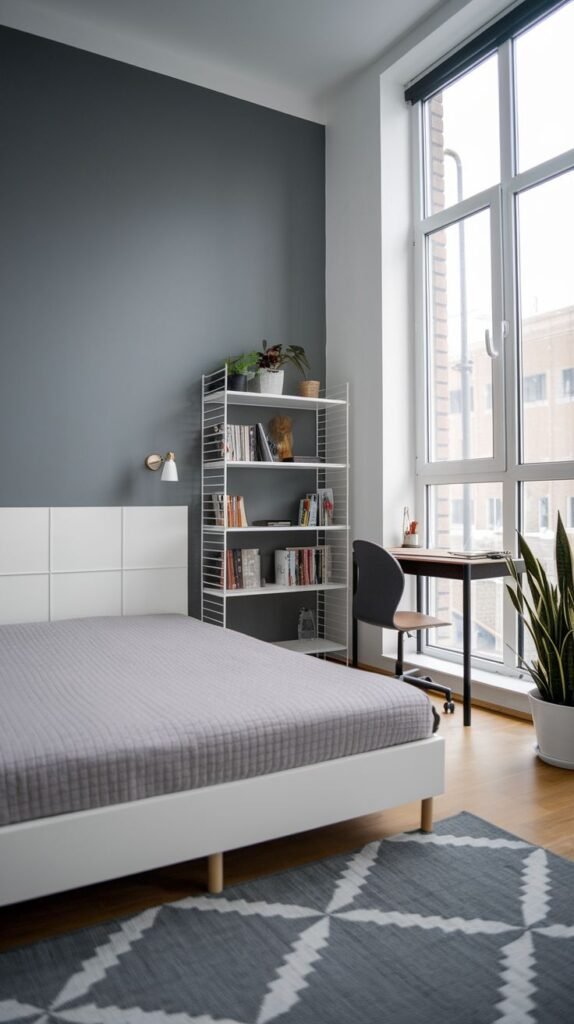 Modern Small Bedroom with a dark grey accent wall contrasting a white bed and a white wire shelving unit; a desk is positioned by the tall window.