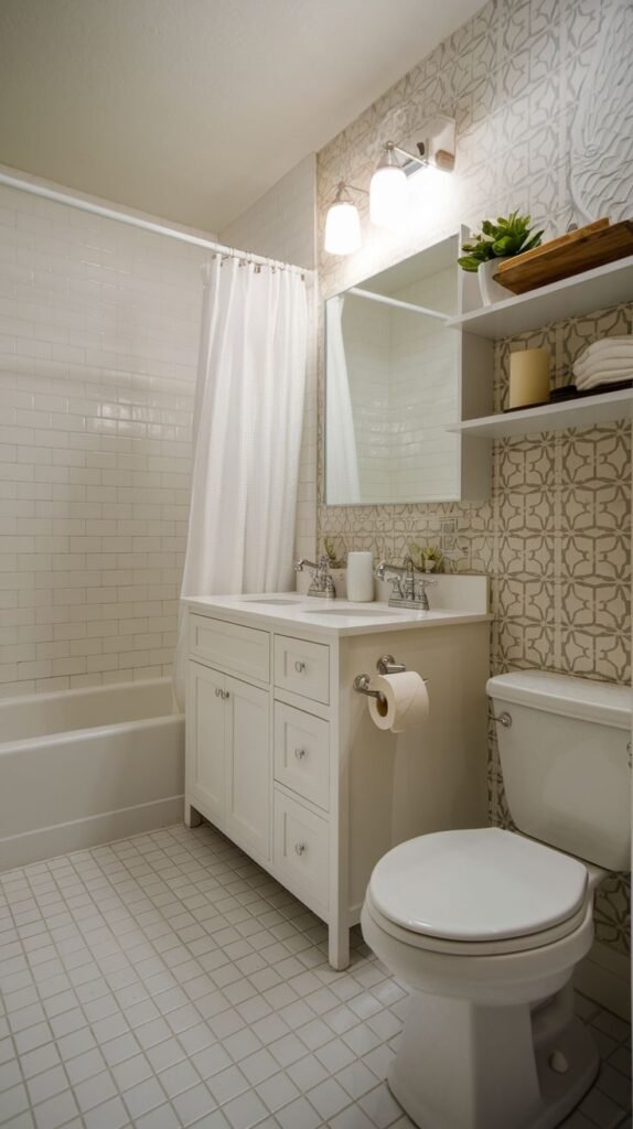 Neutral Small Full Bathroom featuring a white vanity, open shelving above the toilet, patterned gray and white accent wall tile, and white subway tile in the tub surround.