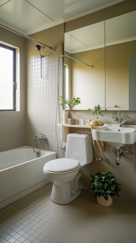 Neutral Small Full Bathroom entirely covered in small square beige tiles, featuring a wall-mounted sink, a toilet, and a large mirrored storage cabinet above the sink area.