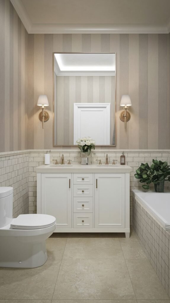 Neutral Small Full Bathroom incorporating elegant vertical striped wallpaper, white subway tile wainscoting, a white double vanity, and brass wall sconces flanking the mirror.