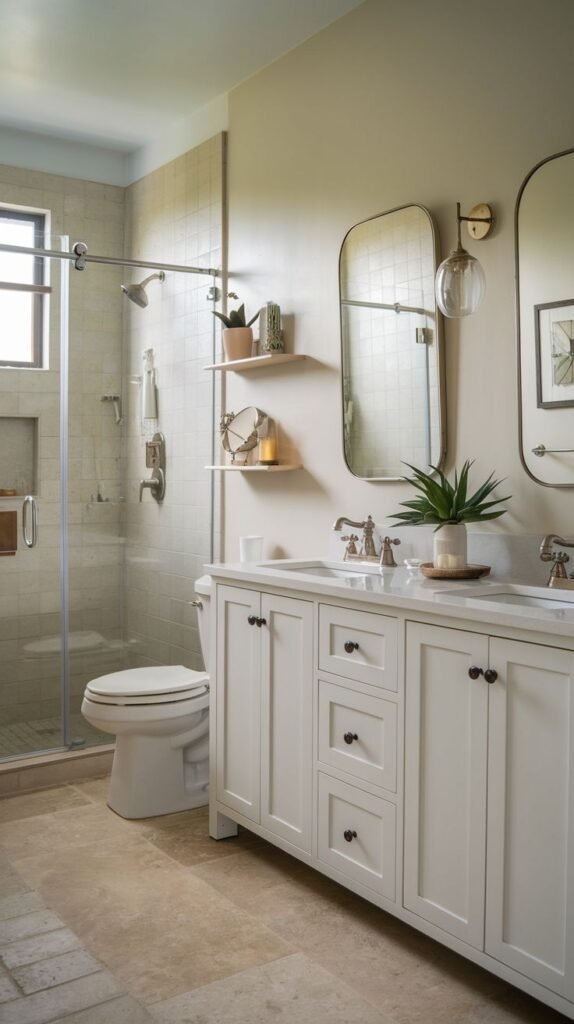 Neutral Small Full Bathroom featuring a white double vanity, light stone flooring, a glass shower enclosure, and two framed, asymmetric mirrors above the counter.