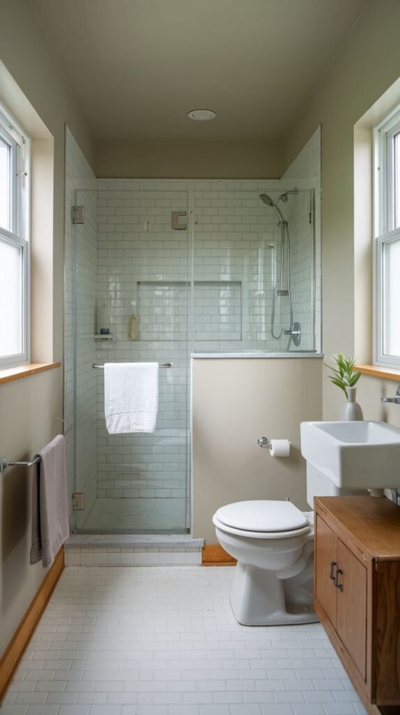 Neutral Small Full Bathroom showcasing a long, narrow layout with a glass-enclosed walk-in shower (white subway tile) and warm natural wood window trim accents.