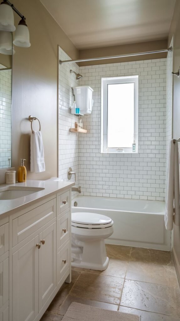 Neutral Small Full Bathroom featuring a spacious white vanity, light beige stone floor tiles, white subway tile surrounding the tub, and taupe painted walls.