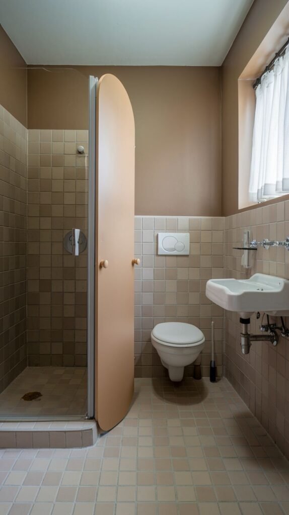 Neutral Small Full Bathroom designed with pervasive mid-tone brown square tiling, featuring a wall-mounted sink and a unique curved arched door for the walk-in shower.