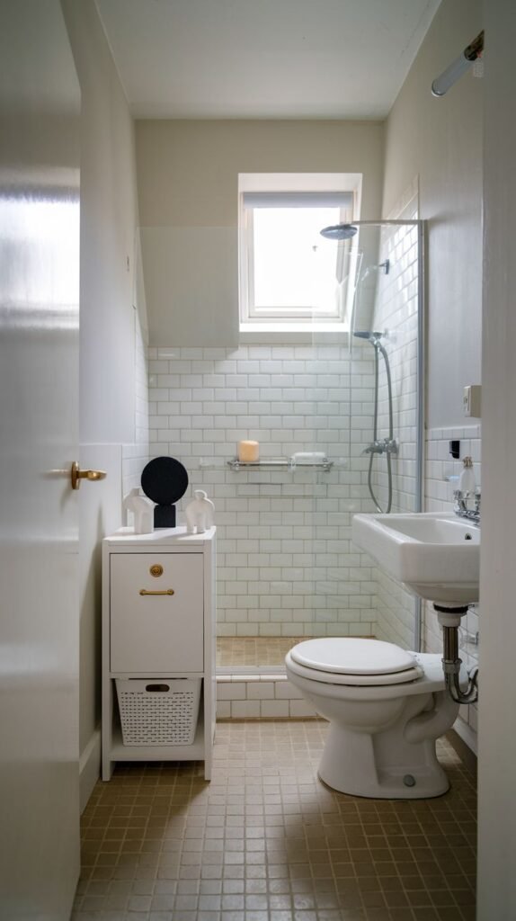 Neutral Small Full Bathroom featuring a long, narrow walk-in shower with white subway tile, a toilet, and a slim white high-cabinet next to the sink area.